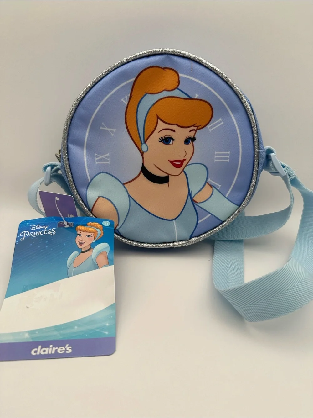 Claire's Cinderella Round mini purse  Bag - Light Blue with Silver Trim NWT